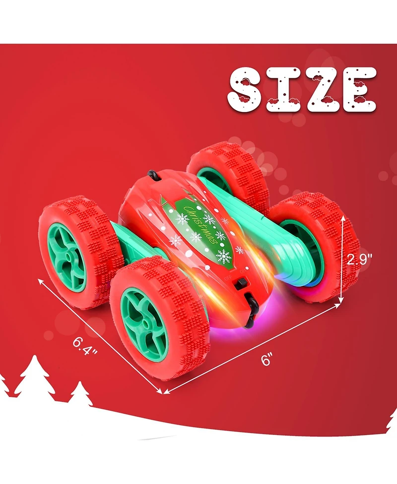 homfan 10.2 x 6.7 x 5.9 in Remote Control Stunt Car Christmas Edition Rc Vehicle with 4 Batteries 360 Spinning Toy for Outdoor Adventure Play