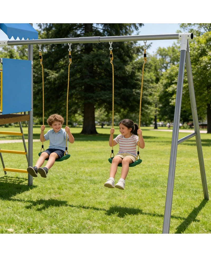 homfan 112 x 110 x 97 Inch Galvanized Steel and Pe Outdoor Kids Treehouse Swing and Slides Playset with 2 Straight Swings
