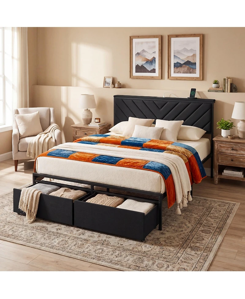 Modern Upholstered Platform Bed with 2 Storage Drawers and Built-In Power Outlet, Heavy-Duty Steel Slats, No Box Spring Needed