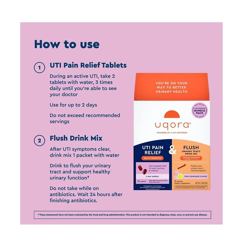 Uqora Uti Pain Maximum Relief and Flush Convenience Bundle - Pink Lemonade Flavor
