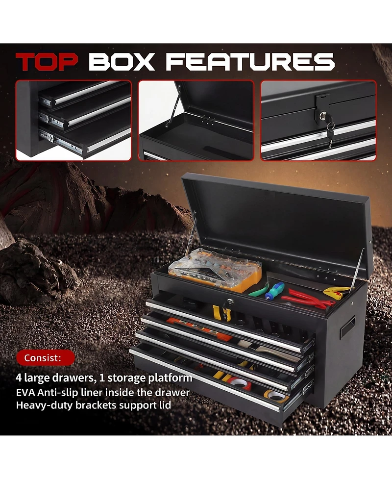2-in-1 Tool Storage Cabinet: A lockable, -drawer metal tool cart on casters. Features a removable top toolbox, protective lining