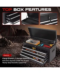 2-in-1 Tool Storage Cabinet: A lockable, -drawer metal tool cart on casters. Features a removable top toolbox, protective lining