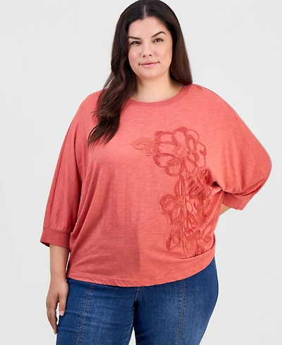 Democracy Plus Dolman-Sleeve Soutache Floral-Embroidered Top