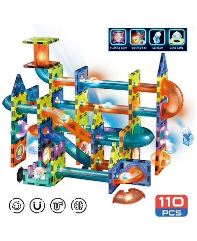 Contixo 110-Piece Light-Up 3D Magnetic Marble Run Tiles Stem Building Set with Glow Marbles for Kids Ages 3+