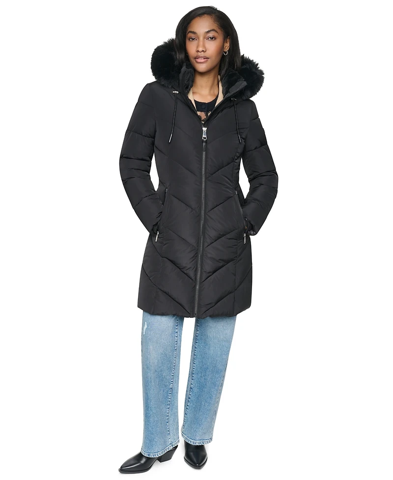 Dkny Women's Walker Length Puffer with Faux Fur Trimmed Hood Coat