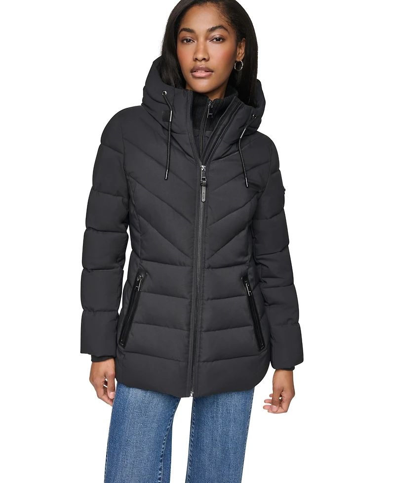 Dkny Women's Bibbed Knit Collar Puffer Coat
