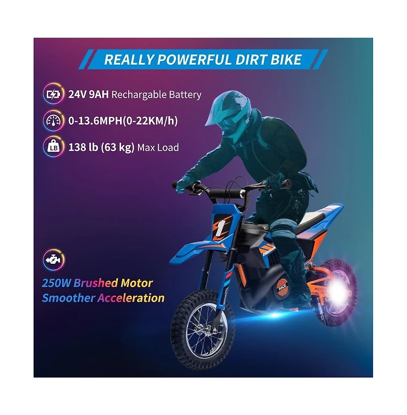 homfan 24V 9ah Kids Ride on Motorcycle,13.6MPH Fast Speed Electric Battery-Powered Off-Road Motocross with 250W Strong Motor, Chain-Driven