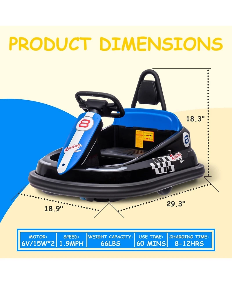 homfan 29.9x19.3x10.2 Kids Electric Bumper Car 6V Ride On Toy, 3 mph Speed, Dual Drive Motors, 360degree(s) Spin, Soft Ring, Indoor Play