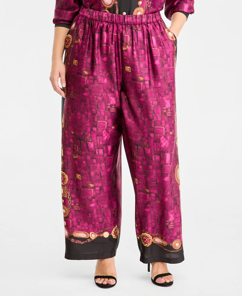 Karl Lagerfeld Paris Plus Gemstone Pull-On Wide-Leg Satin Pants