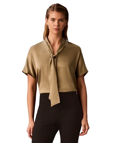 Calvin Klein Women's Matte Satin Tie-Neck Blouse