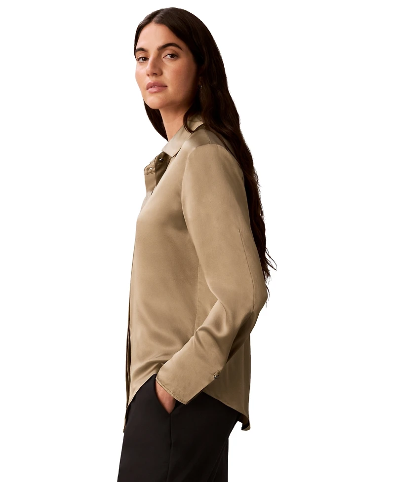 Calvin Klein Women's Pleated Long-Sleeve Collared Shirt