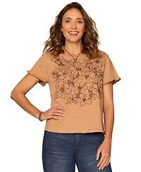 Democracy Women's Crewneck Shirttail Hem Embroidered Knit Top
