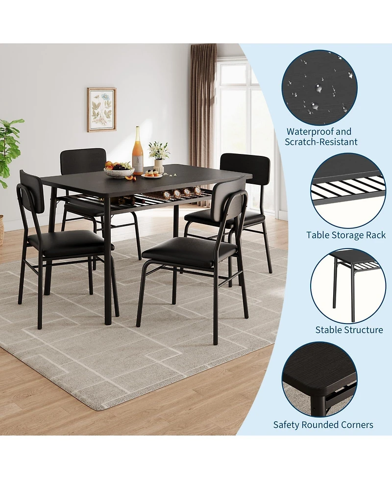 homfan 5-Piece Dining Set with Storage Rack - Modern Wood Table and 4 Upholstered Chairs, Metal Legs