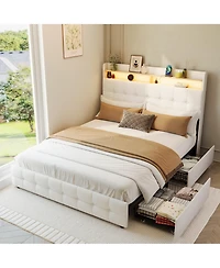 homfan Upholstered Bed Frame with 2 Storage Drawers, Led Headboard, Charging Station, Usb Port and Tufted Headboard