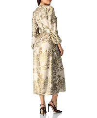 Ivonne Women's Botanical Print Satin, Long Sleeve Belted Keyhole Midi Dress