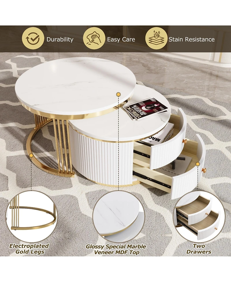 Clihome Modern 2 Pieces Round Nesting Coffee Table with Drawers in 27.6'' inch