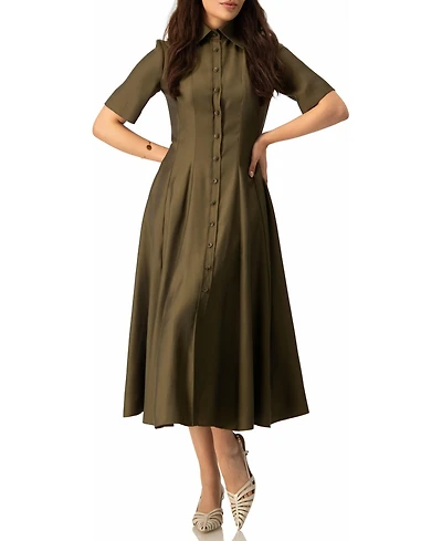 Ivonne Women's Short Sleeve Midi Dress with Button-Front Fit-and-Flare Shirtdres