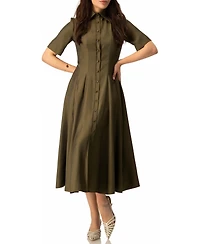 Ivonne Women's Short Sleeve Midi Dress with Button-Front Fit-and-Flare Shirtdres
