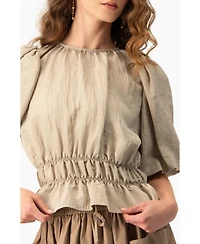 Ivonne Women's Puff Sleeve Peplum, Cinched Waist Crinkle Blouse
