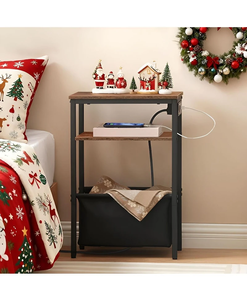 Slickblue Slim Side Table with Charging Hub and Compact Storage for Small Spaces