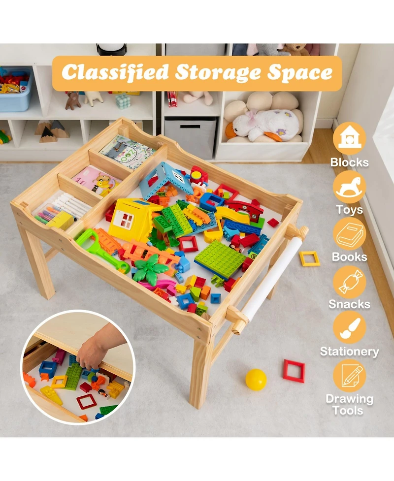 Kids Multi Activity Play Table Wooden Building Block Desk with Storage Paper Roll
