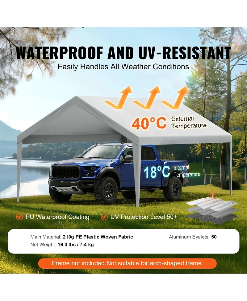 Vevor Carport Replacement Canopy Car Shelter Tent 13x20ft Grey Not Include Frame