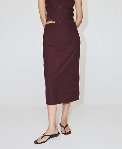 Mango Women's Floral Embroidered Linen Skirt