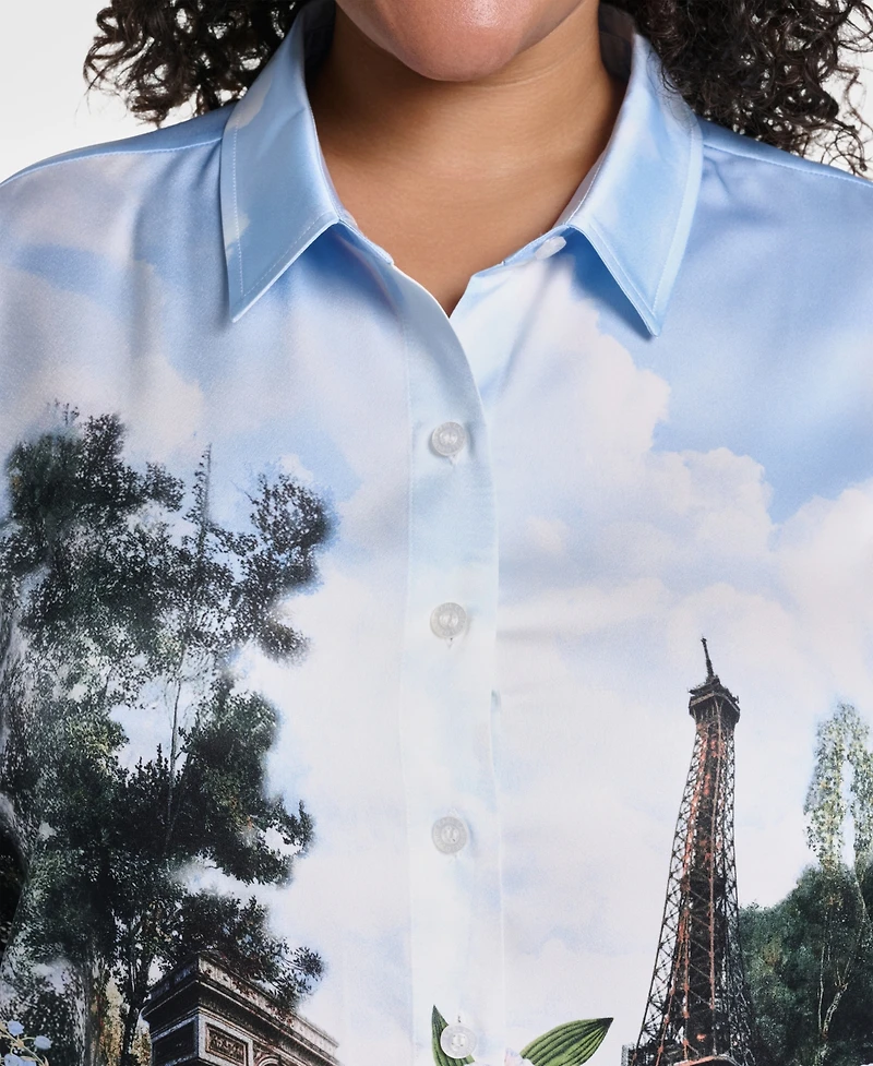 Karl Lagerfeld Paris Plus City Scene Collared Button-Front Top