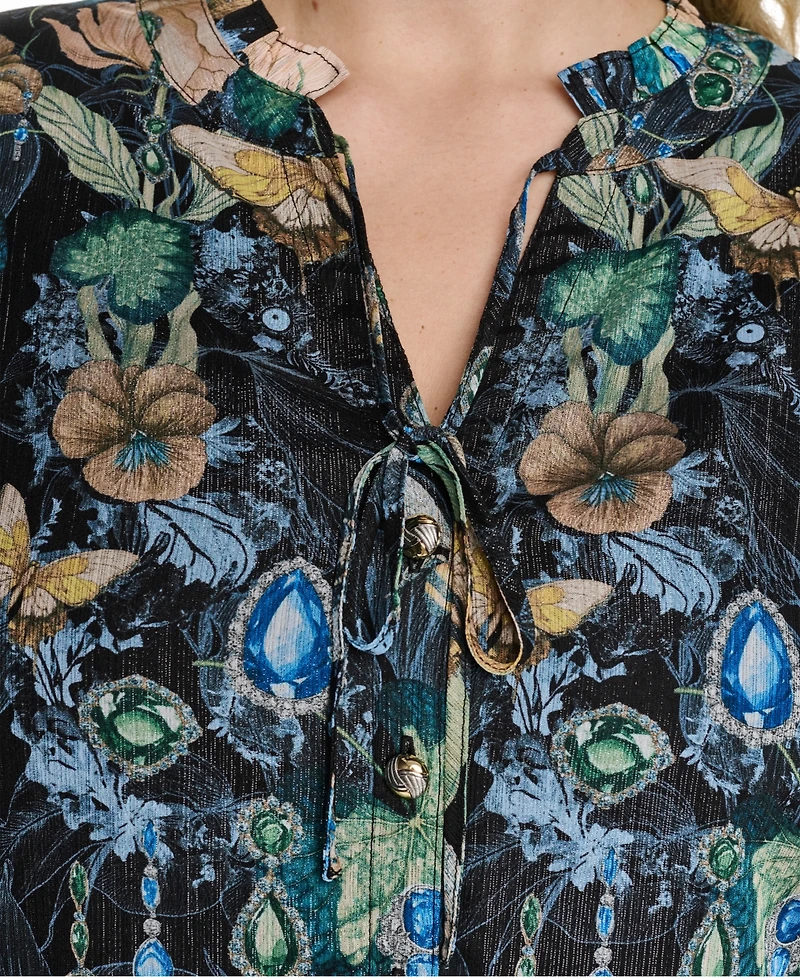 Karl Lagerfeld Paris Plus Printed Collared Long-Sleeve Top
