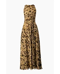 Ivonne Women's Abstract Animal Print Chiffon, Sleeveless Cinched-Waist A-Line Maxi Dress