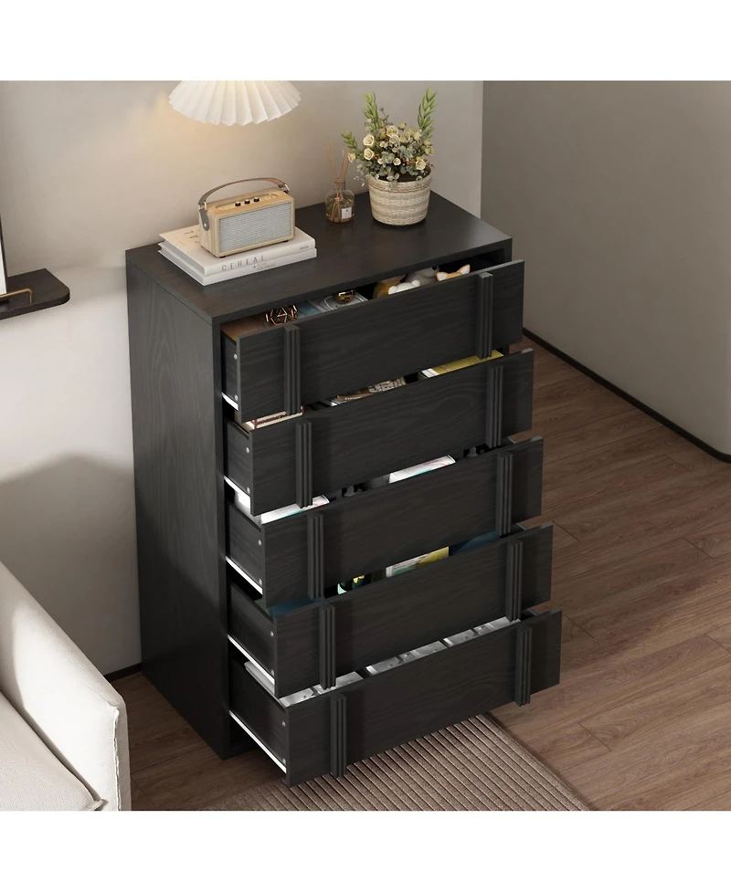 homfan 5-Drawer Nightstand for Bedroom, Modern Bedside Table with Vertical Handles, Wooden Storage Cabinet for Living Room, Entryway & Dorm