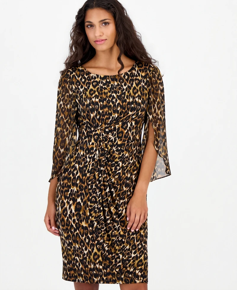 Connected Petite Leopard-Print Tulip-Sleeve Dress
