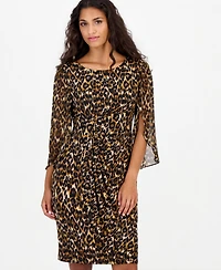Connected Petite Leopard-Print Tulip-Sleeve Dress