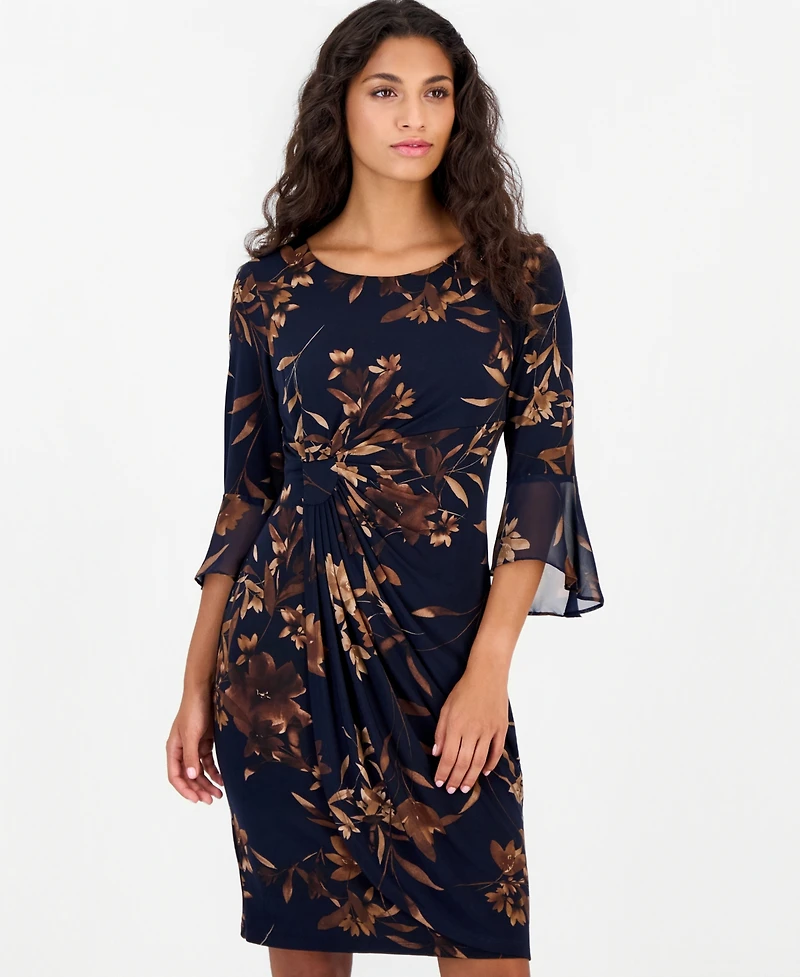 Connected Petite Side Tab Floral 3/4-Sleeve Flounce-Cuff Dress