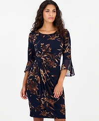 Connected Petite Side Tab Floral 3/4-Sleeve Flounce-Cuff Dress