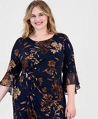 Connected Plus Floral-Print Wrap Bell-Sleeve Dress
