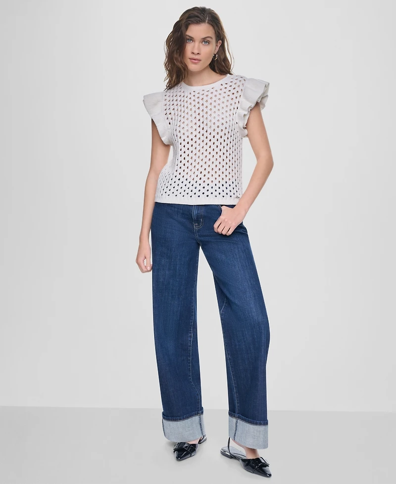 Dkny Jeans Women's Baby Chenille Pointelle Rib Flutter-Sleeve Sweater