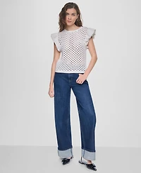 Dkny Jeans Women's Baby Chenille Pointelle Rib Flutter-Sleeve Sweater