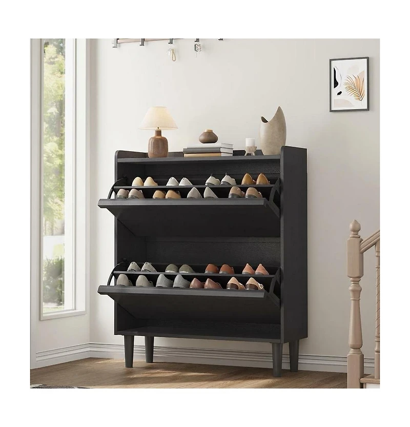 homfan 2 Flip Drawer Shoe Cabinet with Adjustable Shelf, Hidden Entryway Storage for Hallway, Living Room, Black or Oak Tone