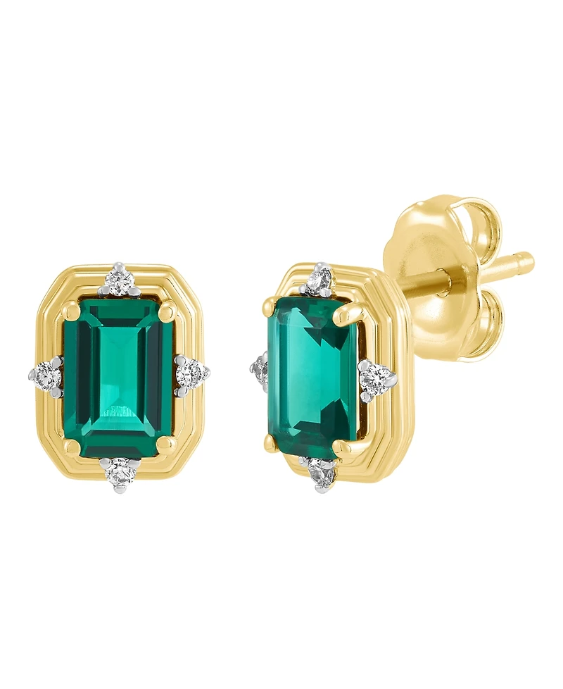 Macy's Lab-Grown Emerald (1-1/10 ct. t.w.) & Diamond (1/20ct. t.w.) Stud Earrings in 14k Yellow Gold-Plated Sterling Silver