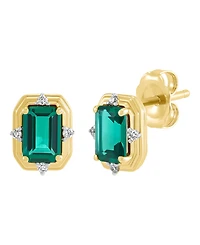 Macy's Lab-Grown Emerald (1-1/10 ct. t.w.) & Diamond (1/20ct. t.w.) Stud Earrings in 14k Yellow Gold-Plated Sterling Silver