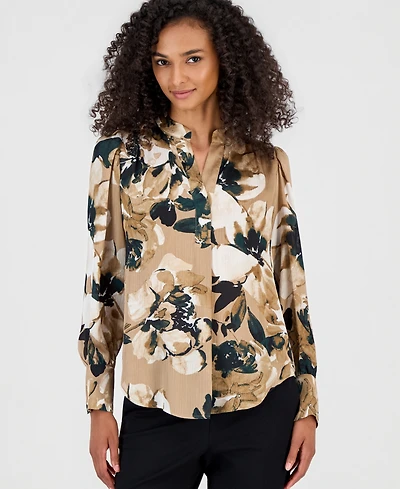 Anne Klein Women's Floral-Print Satin Pleat-Front Blouse