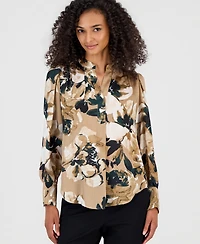Anne Klein Women's Floral-Print Satin Pleat-Front Blouse