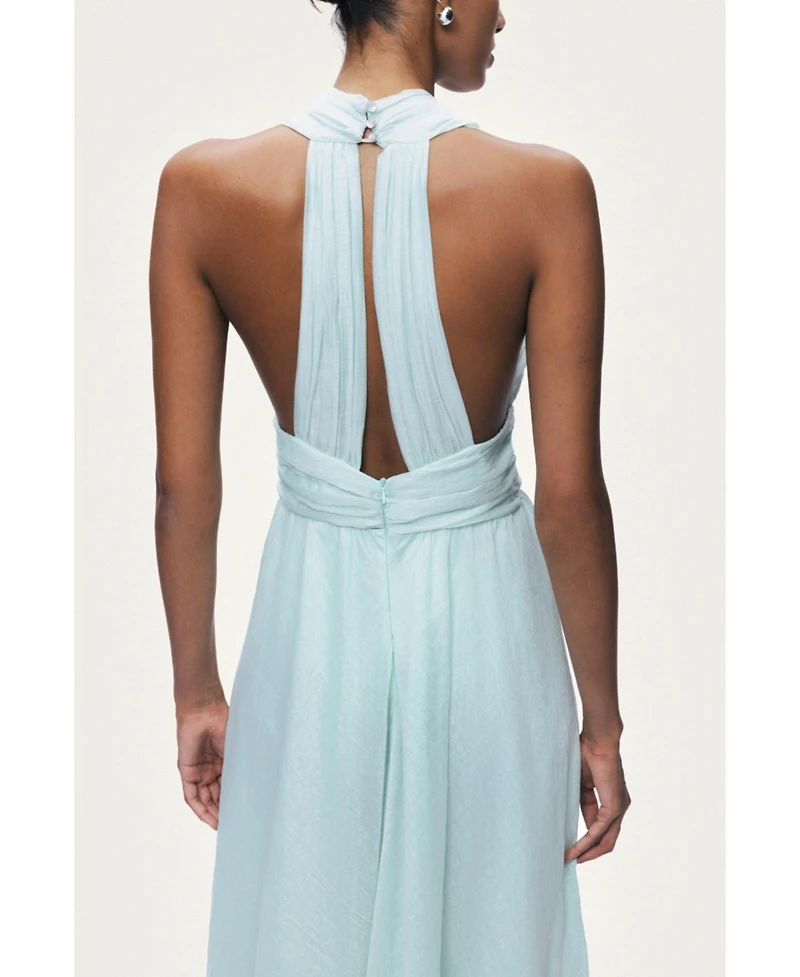 Nocturne Women's Pleated Halterneck Maxi Dress with Brooch Detail