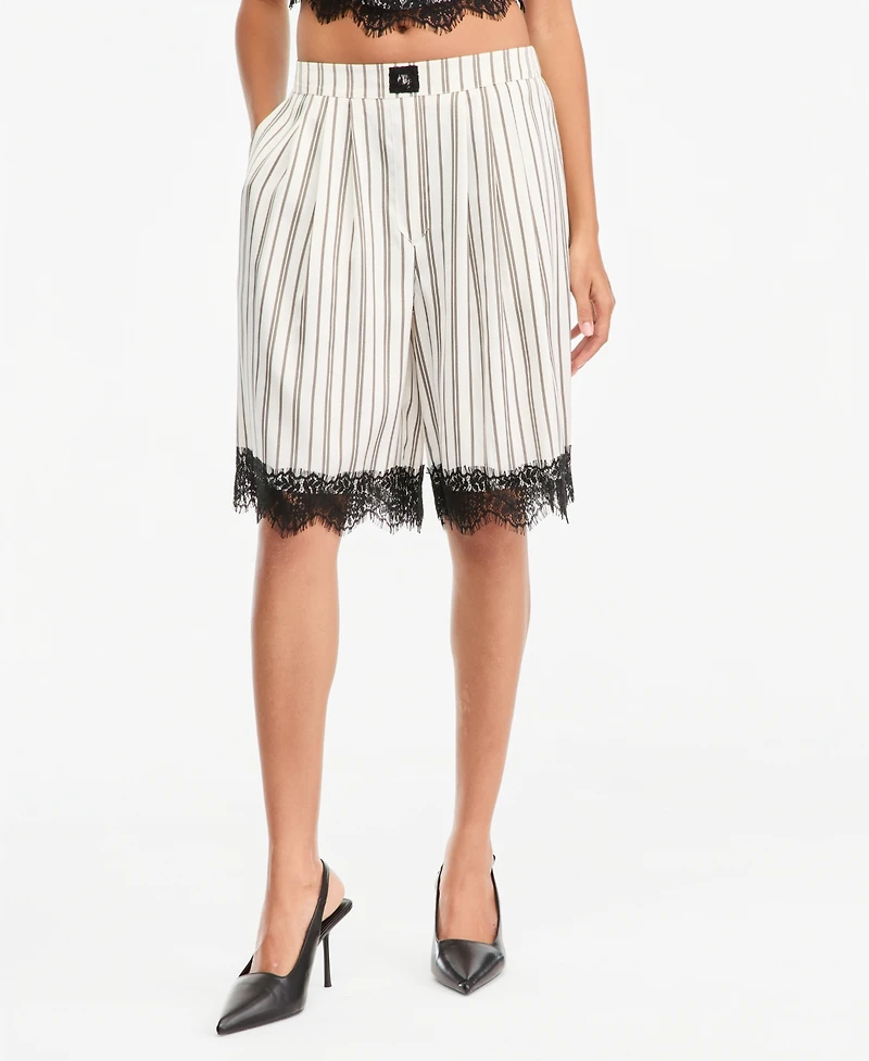 Bar Iii Women's Pinstripe Satin High-Waisted Lace-Trim Shorts, Macy's Exclusive