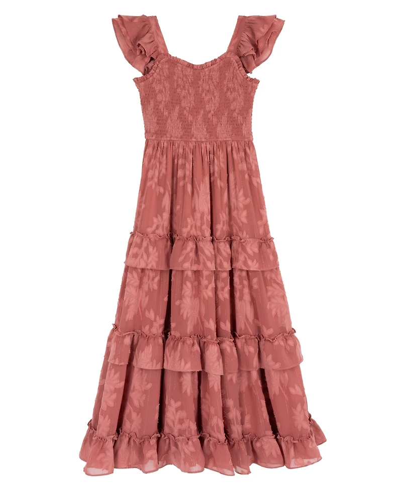 Rare Editions Girls' 7-14 Burnout Chiffon Smocked Sweetheart Neck Tiered Maxi Dress