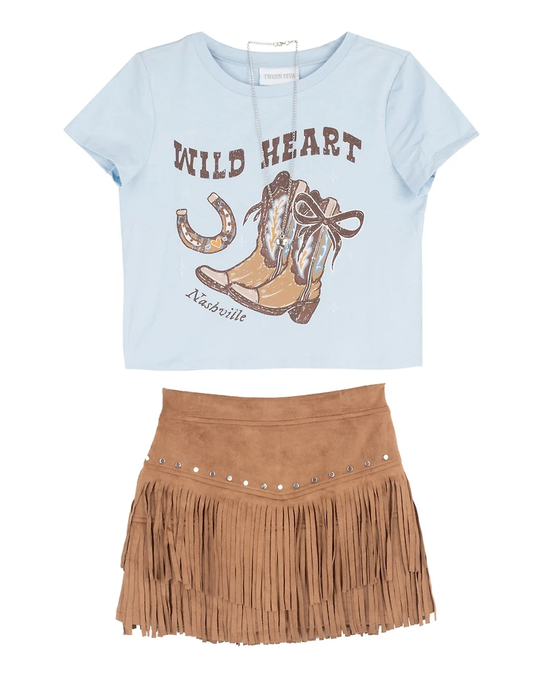 Tween Diva Girls' 7-12 Wild Heart Graphic T-Shirt and Studded Faux Suede Fringe Skort, 2-Piece Set
