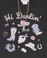 Tween Diva Girls' 7-12 Western Graphic T-Shirt, Mixed Media Tiered Skort and Necklace, 3-Piece Set