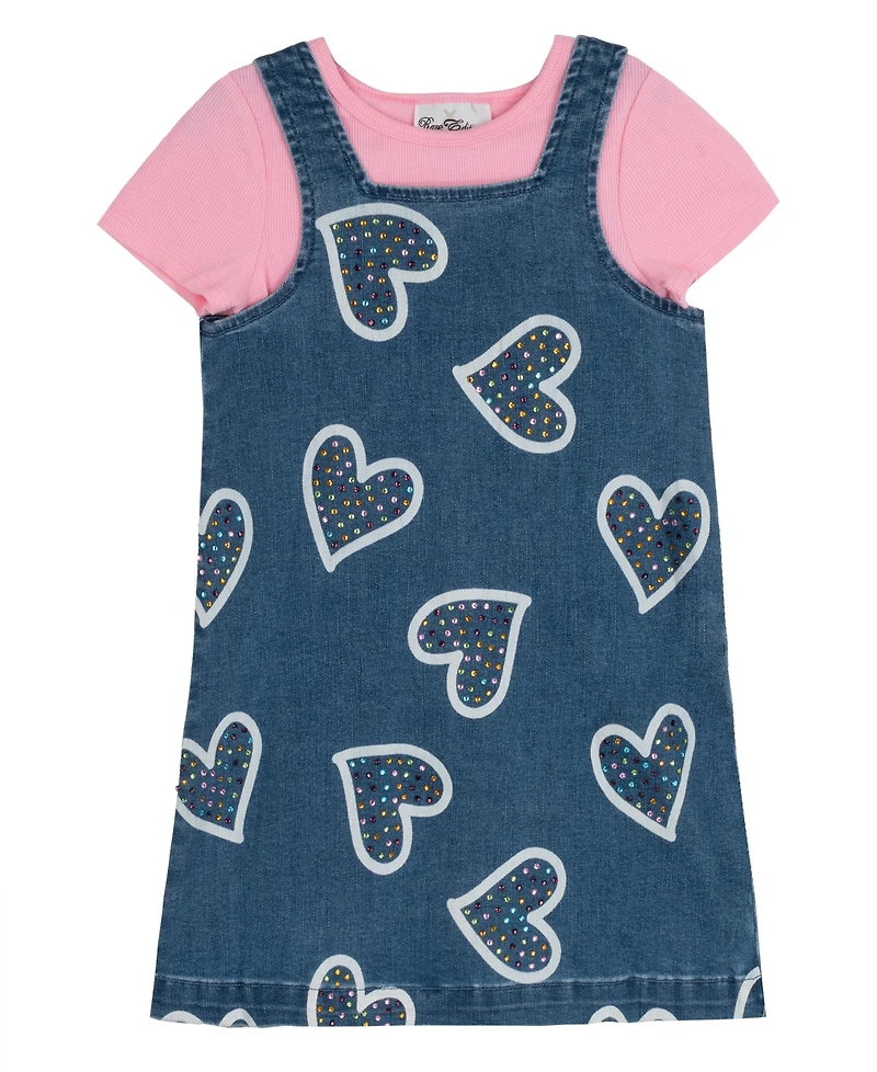 Rare Editions Girls' 2T-6X Short-Sleeve T-Shirt and Denim Jumper, 2-Piece Set