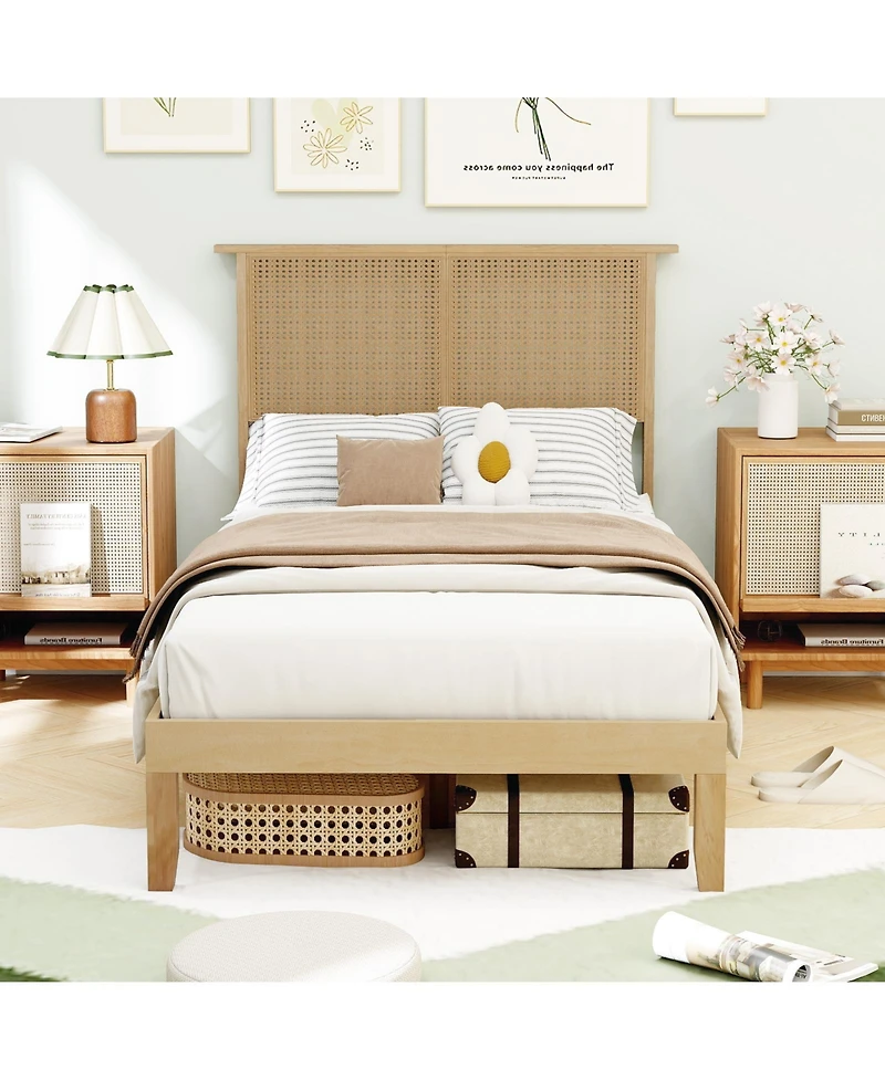 Slickblue Platform Bed Frame with Rattan Headboard and Durable Support
